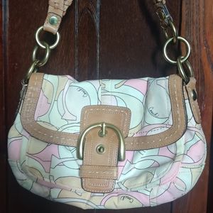 Coach Shoulder Bag Pink Tan White Leather Woven Handle No A0868-11907 Soho